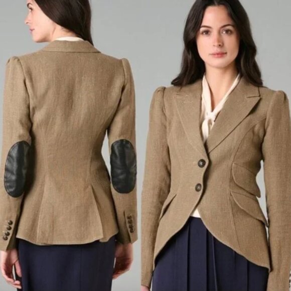 Smythe Les Vestes 100% Linen Equestrian blazer sz 4 with black leather patches - Picture 1 of 6